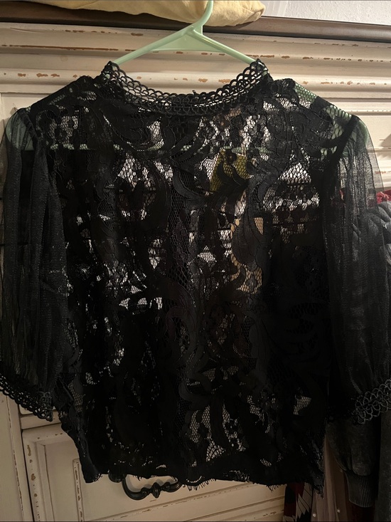 Peach Tops - Women's Black Lace Puff Sleeve Blouse - Romantic Sheer Top